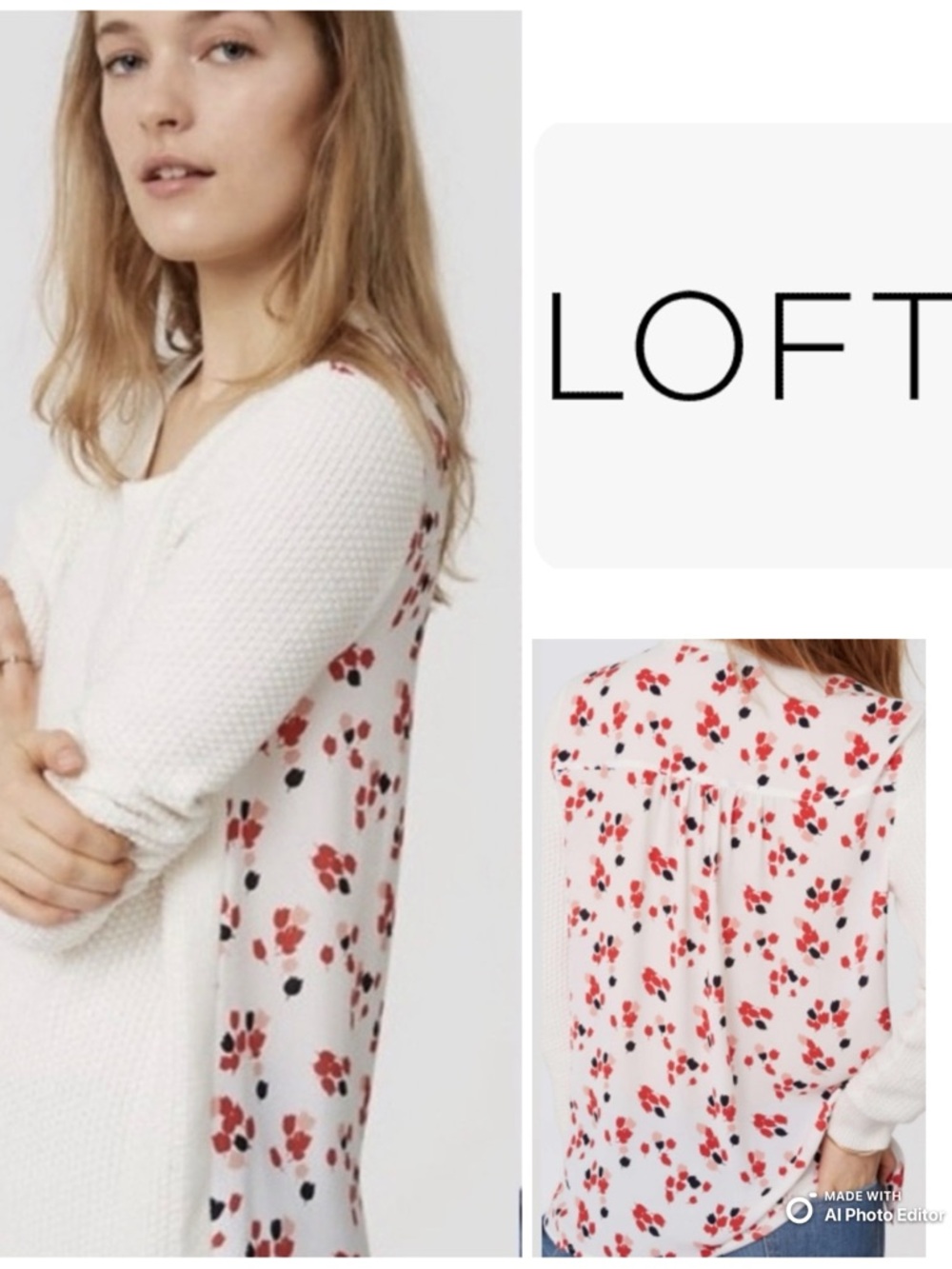 LOFT Cream and Red Floral Sweater